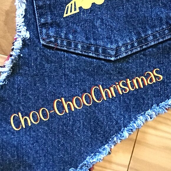 Handmade Denim Christmas Stocking w/Jean Pocket, Choo-Choo Train Graphics, S-M - Picture 6 of 9